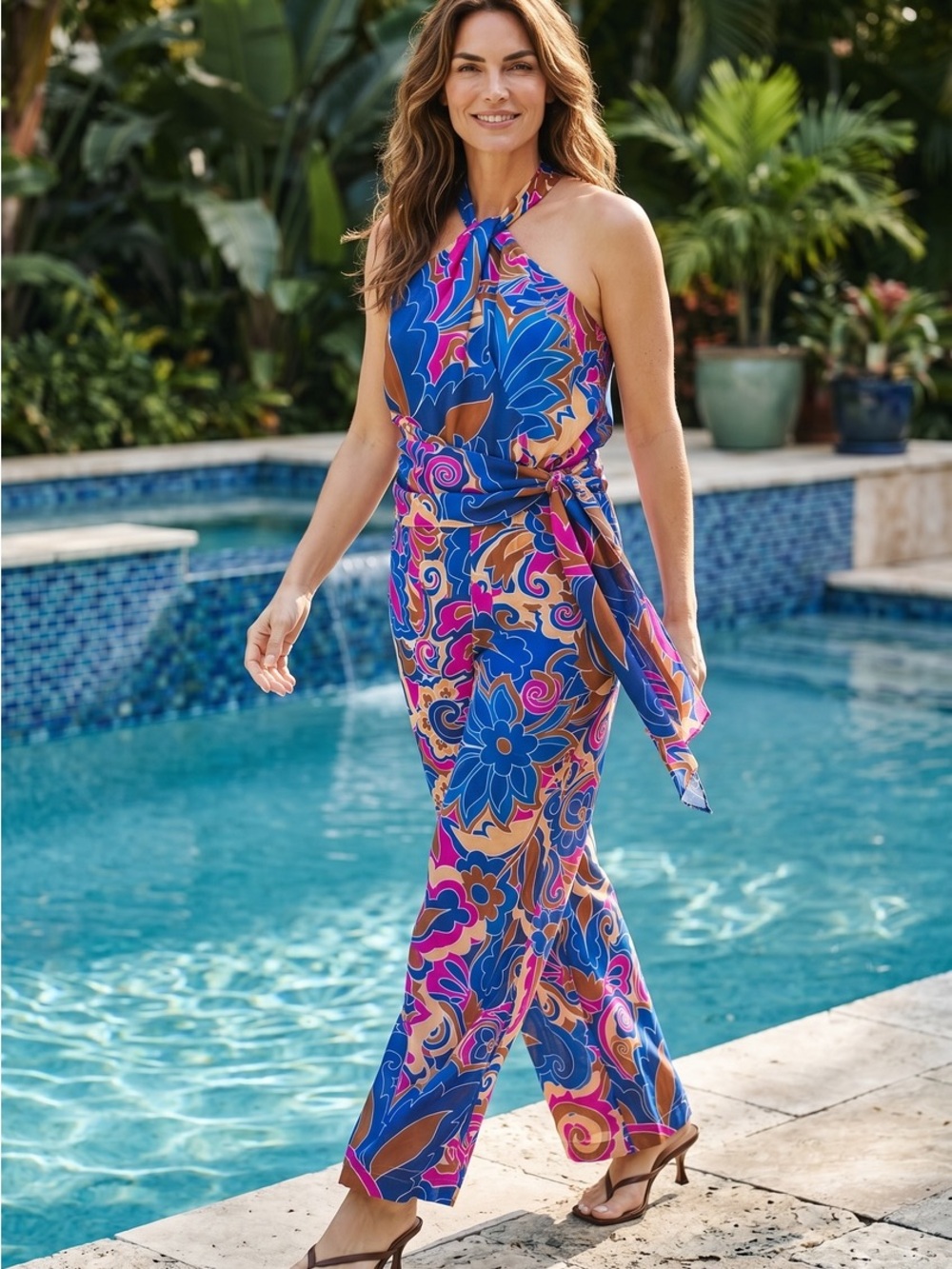 CIEBON Palesa Halter Jumpsuit print and a tie-front detail. Perfect Condition! L